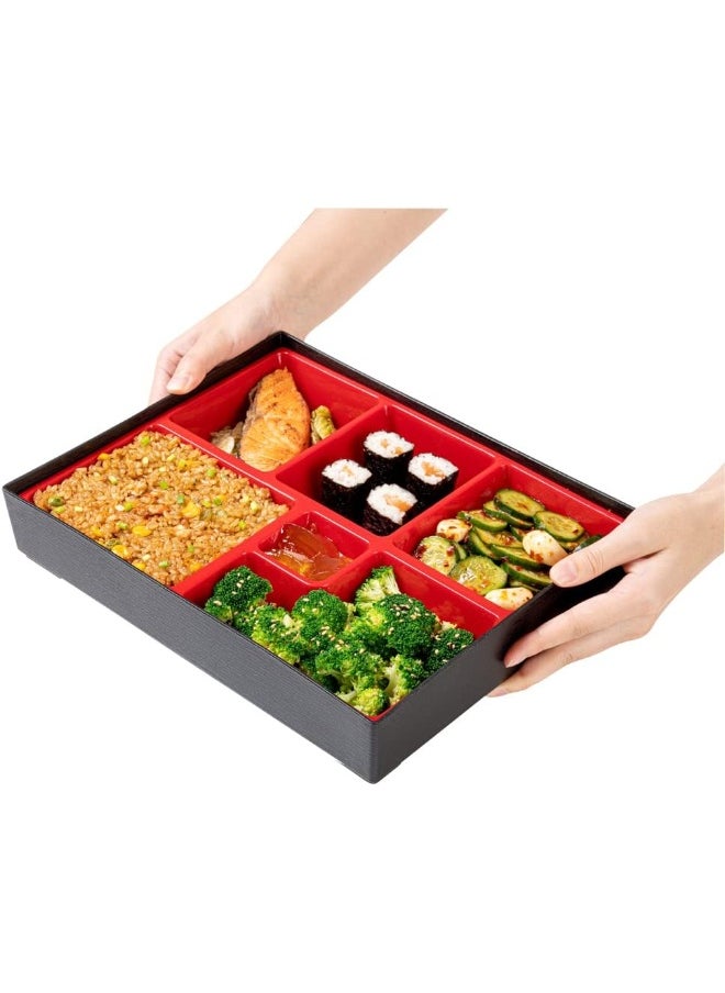 Restaurantware Bento Tek Rectangle Black and Red Large Japanese Style Bento Box - 6 Compartments