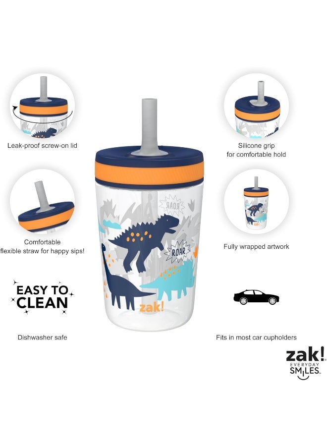 Zak Designs Kelso Toddler Cups For Travel or At Home, 15oz 2-Pack Durable Plastic Sippy Cups With Leak-Proof Design is Perfect For Kids (DinoRoar, Zaksaurus)