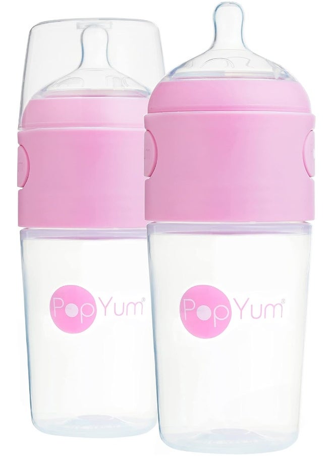 PopYum 9 oz Pink Anti-Colic Formula Making/Mixing/Dispenser Baby Bottles, 2-Pack with #2 Medium Flow, 260 ml, BPA-Free, Natural Latch