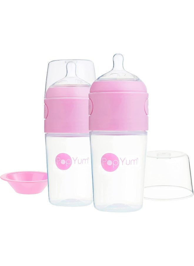 PopYum 9 oz Pink Anti-Colic Formula Making/Mixing/Dispenser Baby Bottles, 2-Pack with #2 Medium Flow, 260 ml, BPA-Free, Natural Latch