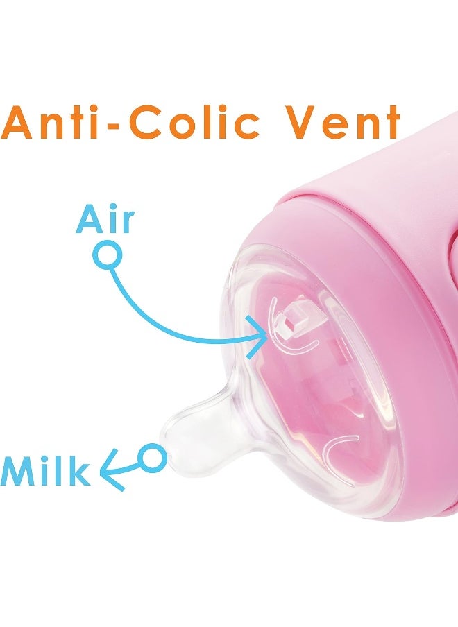 PopYum 5 oz Pink Anti-Colic Formula Making/Mixing/Dispenser Baby Bottles, 3-Pack with #1 Slow Flow, 150 ml, BPA-Free, Natural Latch