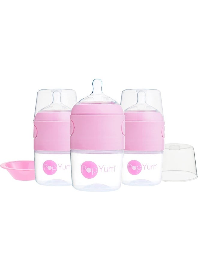 PopYum 5 oz Pink Anti-Colic Formula Making/Mixing/Dispenser Baby Bottles, 3-Pack with #1 Slow Flow, 150 ml, BPA-Free, Natural Latch