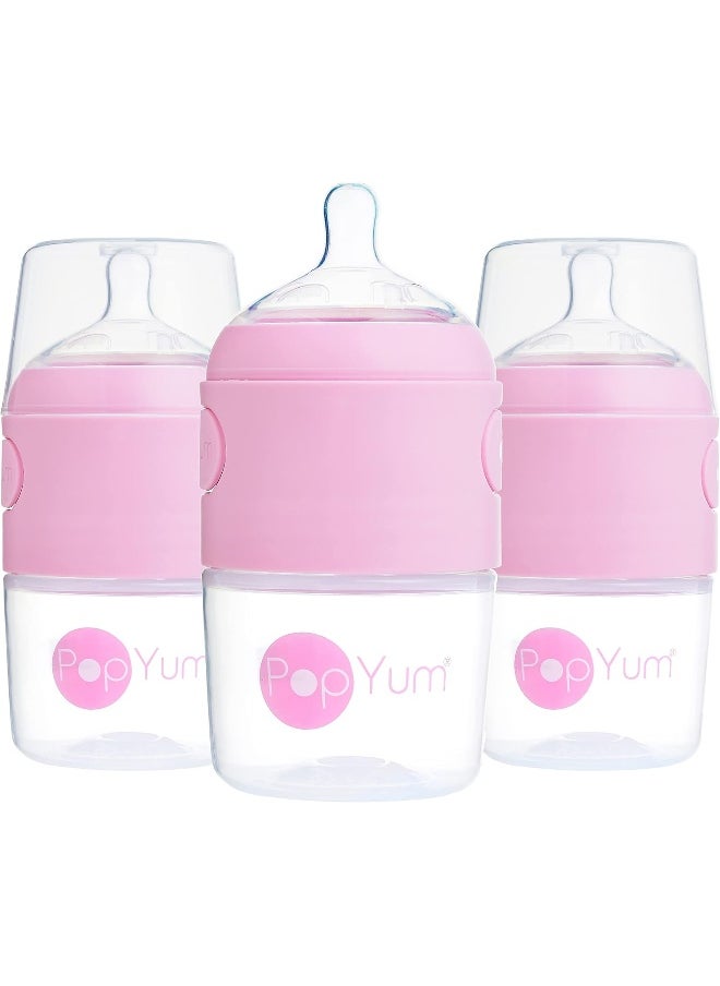 PopYum 5 oz Pink Anti-Colic Formula Making/Mixing/Dispenser Baby Bottles, 3-Pack with #1 Slow Flow, 150 ml, BPA-Free, Natural Latch