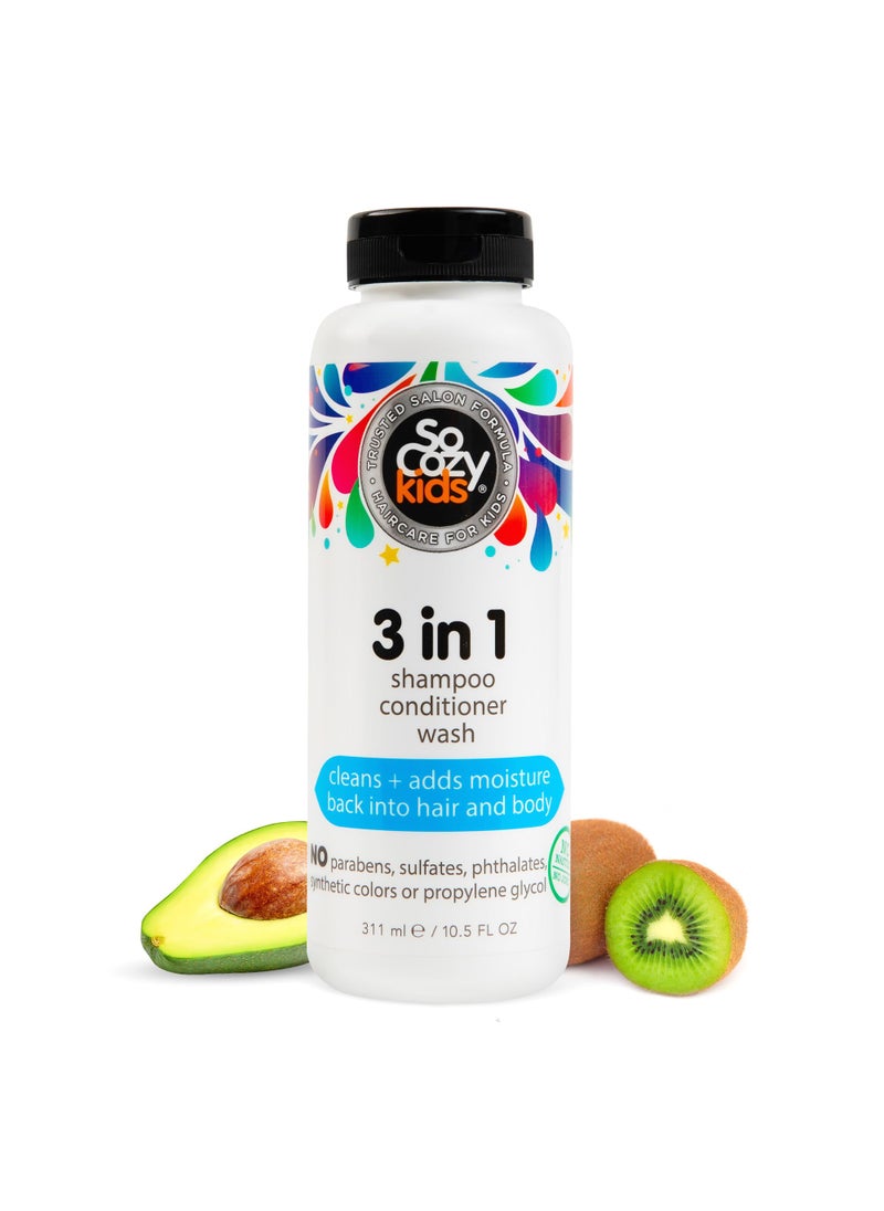 SoCozy 3-in-1 Kids Shampoo + Conditioner + Body Wash (10.5 Fl Oz) Gentle, Hydrating Hair & Body Cleanser with Keratin, Vitamin B5, & Kiwi Extract, Paraben & Sulfate-Free
