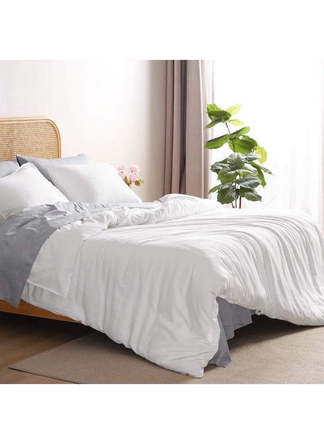PHF Cooling Duvet Cover Queen Size, 80% Rayon Derived from Bamboo & 20% Linen, Soft Breathable Duvet Cover Set for Hot Sleepers, 3PCS Luxurious Silk Comforter Cover Bedding Collection, 90
