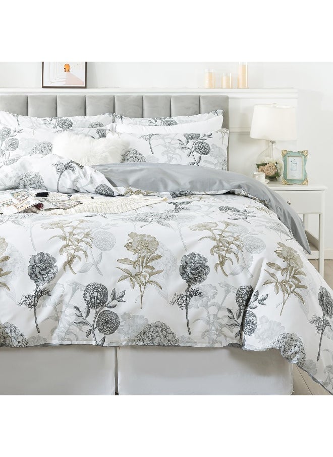 FADFAY Floral Duvet Cover Sets King/Cal King 100% Cotton Ink Grey Vintage Flower Patterned Hydrangea Comforter Cover Farmhouse Bedding for All Season Soft Crisp Luxury Bed Cover with Zipper 3 Pieces