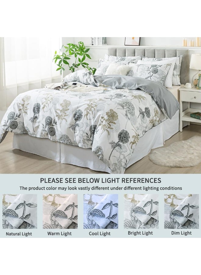 FADFAY Floral Duvet Cover Sets King/Cal King 100% Cotton Ink Grey Vintage Flower Patterned Hydrangea Comforter Cover Farmhouse Bedding for All Season Soft Crisp Luxury Bed Cover with Zipper 3 Pieces