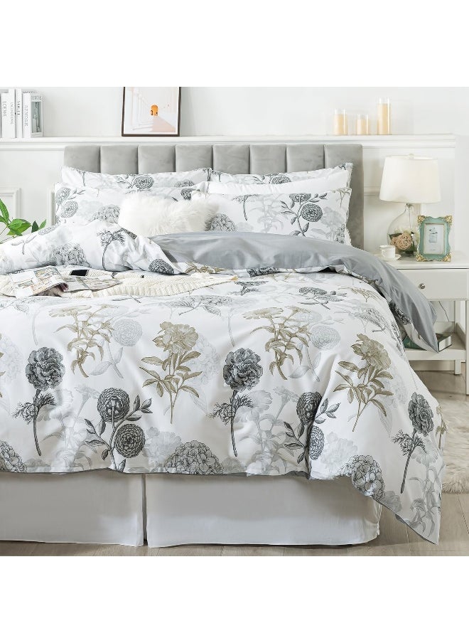 FADFAY Floral Duvet Cover Sets King/Cal King 100% Cotton Ink Grey Vintage Flower Patterned Hydrangea Comforter Cover Farmhouse Bedding for All Season Soft Crisp Luxury Bed Cover with Zipper 3 Pieces