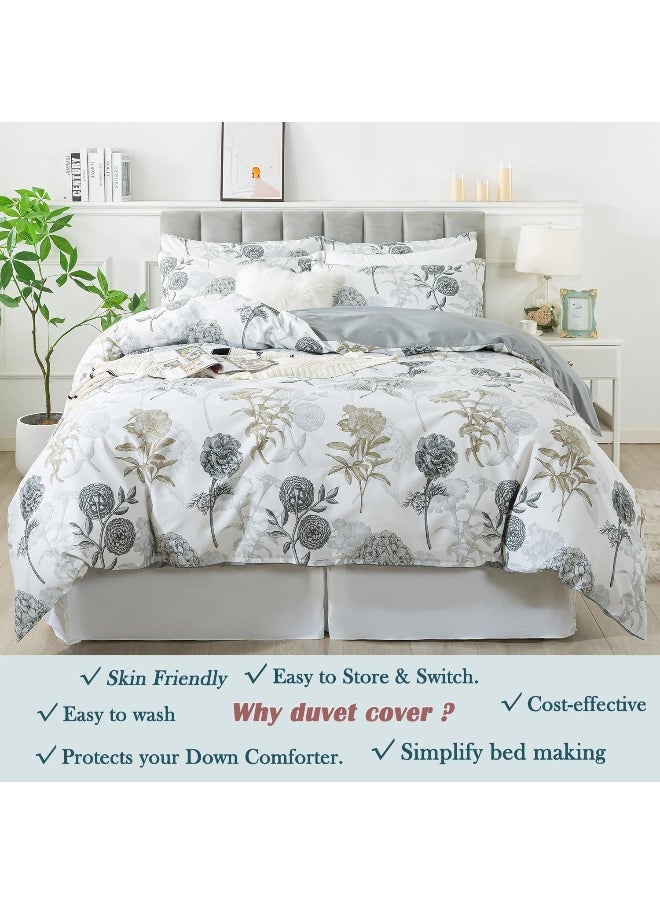 FADFAY Floral Duvet Cover Sets King/Cal King 100% Cotton Ink Grey Vintage Flower Patterned Hydrangea Comforter Cover Farmhouse Bedding for All Season Soft Crisp Luxury Bed Cover with Zipper 3 Pieces