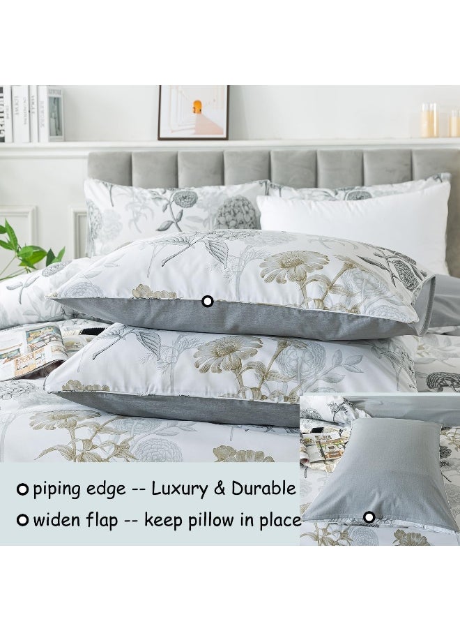 FADFAY Floral Duvet Cover Sets King/Cal King 100% Cotton Ink Grey Vintage Flower Patterned Hydrangea Comforter Cover Farmhouse Bedding for All Season Soft Crisp Luxury Bed Cover with Zipper 3 Pieces