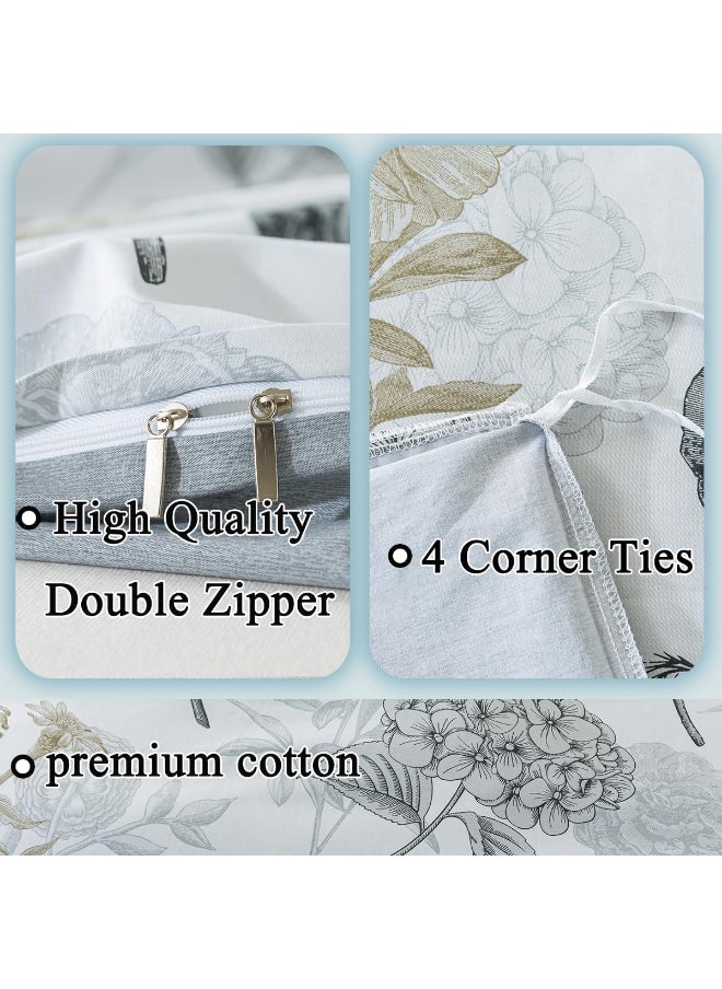 FADFAY Floral Duvet Cover Sets King/Cal King 100% Cotton Ink Grey Vintage Flower Patterned Hydrangea Comforter Cover Farmhouse Bedding for All Season Soft Crisp Luxury Bed Cover with Zipper 3 Pieces