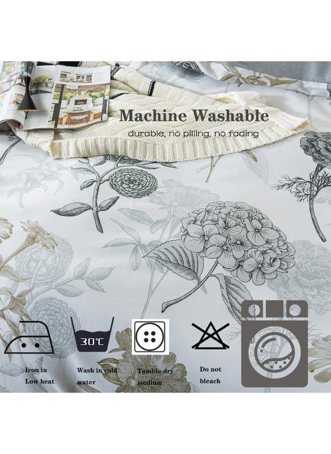 FADFAY Floral Duvet Cover Sets King/Cal King 100% Cotton Ink Grey Vintage Flower Patterned Hydrangea Comforter Cover Farmhouse Bedding for All Season Soft Crisp Luxury Bed Cover with Zipper 3 Pieces