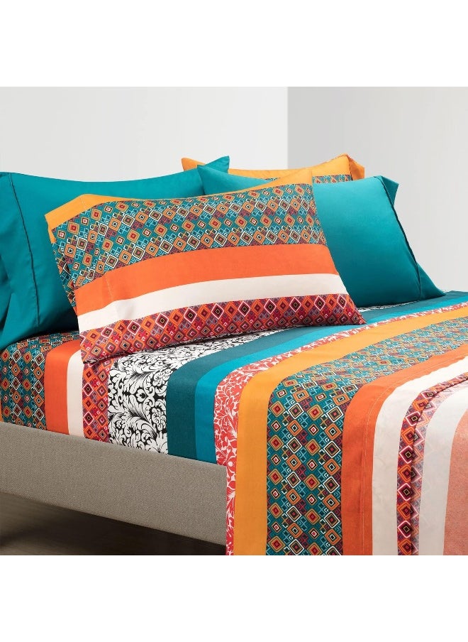 Lush Decor Boho Stripe Soft Sheet 6 Piece Set, King, Turquoise & Tangerine