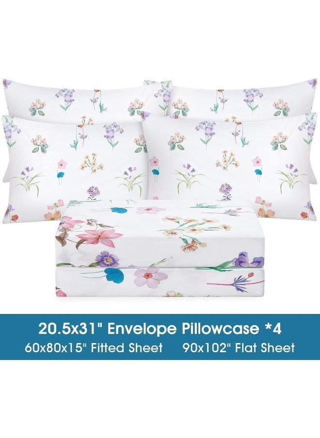 BYSURE Pastel Floral Printed Sheets Set 6 Pieces (Queen Size, Pastel Flower), 15 inch Deep Pocket Cottage Core Botanical Pattern Sheets, Wrinkle & Fade Resistant Microfiber Bedding