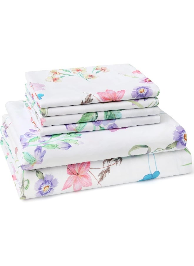 BYSURE Pastel Floral Printed Sheets Set 6 Pieces (Queen Size, Pastel Flower), 15 inch Deep Pocket Cottage Core Botanical Pattern Sheets, Wrinkle & Fade Resistant Microfiber Bedding