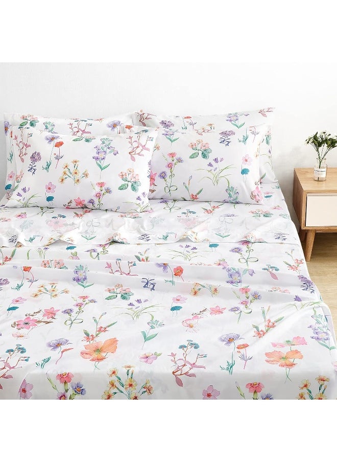 BYSURE Pastel Floral Printed Sheets Set 6 Pieces (Queen Size, Pastel Flower), 15 inch Deep Pocket Cottage Core Botanical Pattern Sheets, Wrinkle & Fade Resistant Microfiber Bedding