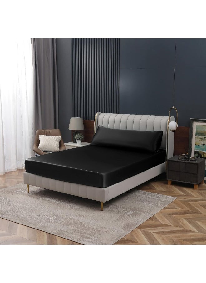 Homiest Black Satin Fitted Sheet Queen Size Fitted Bed Sheet, Deep Pocket Fitted Sheet Only, Luxury & Ultra Soft Bedding Fitted Sheet Single Bottom Bed Sheets Sold Separately