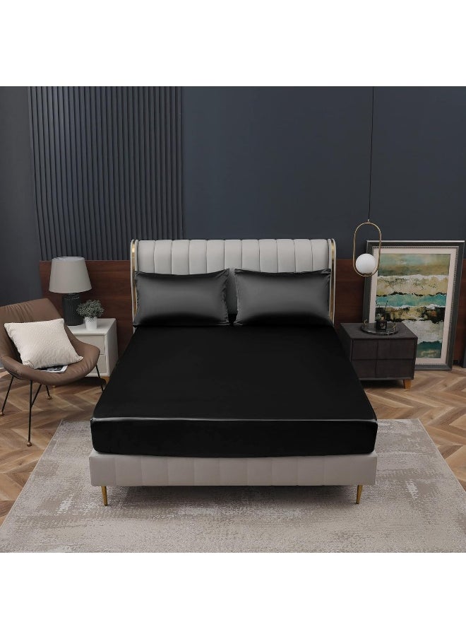 Homiest Black Satin Fitted Sheet Queen Size Fitted Bed Sheet, Deep Pocket Fitted Sheet Only, Luxury & Ultra Soft Bedding Fitted Sheet Single Bottom Bed Sheets Sold Separately