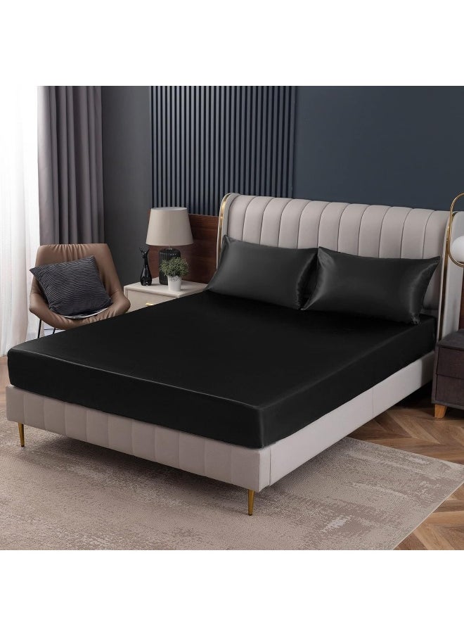 Homiest Black Satin Fitted Sheet Queen Size Fitted Bed Sheet, Deep Pocket Fitted Sheet Only, Luxury & Ultra Soft Bedding Fitted Sheet Single Bottom Bed Sheets Sold Separately