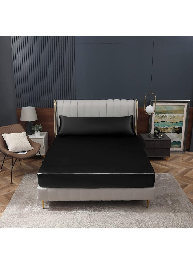 Homiest Black Satin Fitted Sheet Queen Size Fitted Bed Sheet, Deep Pocket Fitted Sheet Only, Luxury & Ultra Soft Bedding Fitted Sheet Single Bottom Bed Sheets Sold Separately