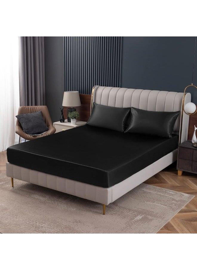 Homiest Black Satin Fitted Sheet Queen Size Fitted Bed Sheet, Deep Pocket Fitted Sheet Only, Luxury & Ultra Soft Bedding Fitted Sheet Single Bottom Bed Sheets Sold Separately