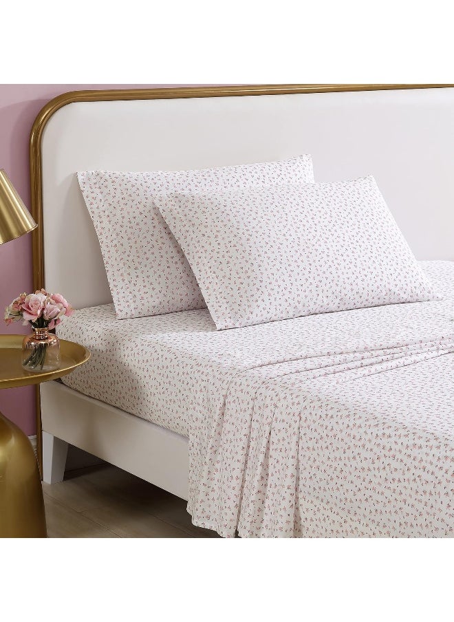 Betsey Johnson- Queen Sheet Set, Cotton Percale Bedding Set, Crisp & Cool, Lightweight & Breathable (Baby Buds Pink, Queen)