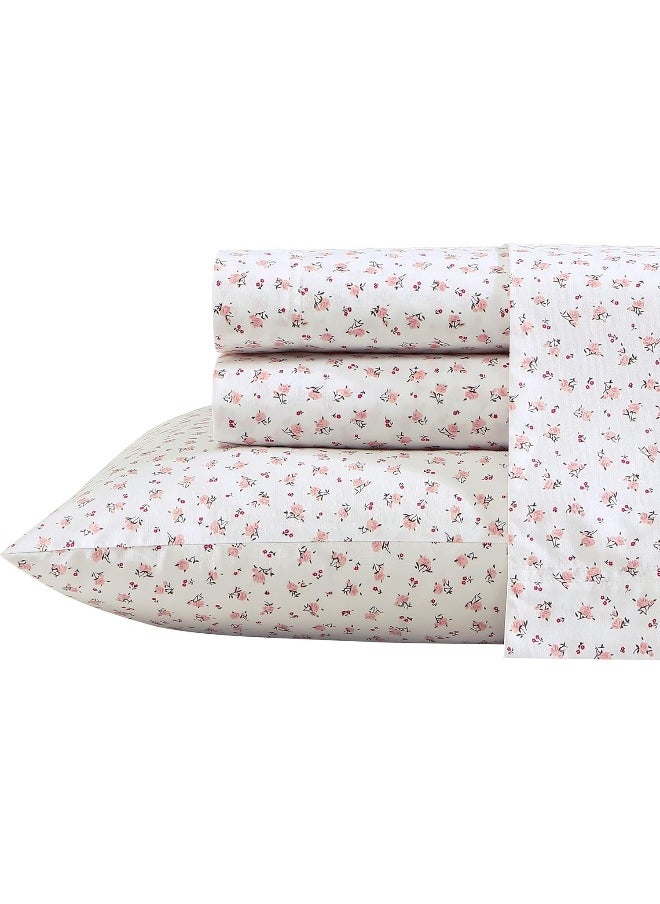Betsey Johnson- Queen Sheet Set, Cotton Percale Bedding Set, Crisp & Cool, Lightweight & Breathable (Baby Buds Pink, Queen)
