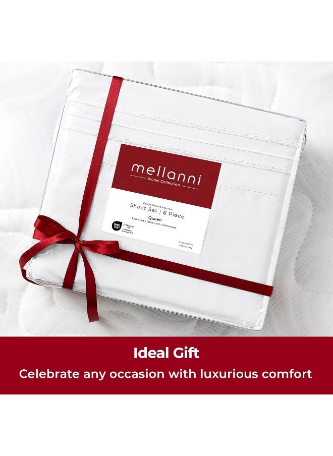 Mellanni Queen Sheet Set - 6-Piece Iconic Collection Bedding, (Including 4 Pillowcases), 16-Inch Deep Pocket, Easy Care, Extra Soft, Cooling Sheets, Brushed Microfiber - White