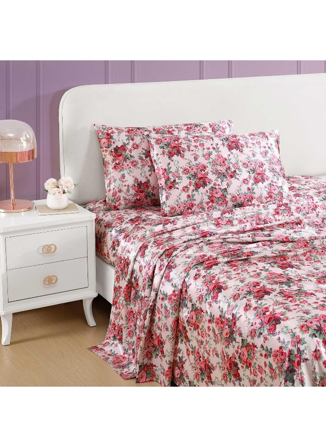 Betsey Johnson - King Sheets, Luxurious Satin Bedding Set, Smooth & Silky Home Decor (Vintage Floral Pink, King)