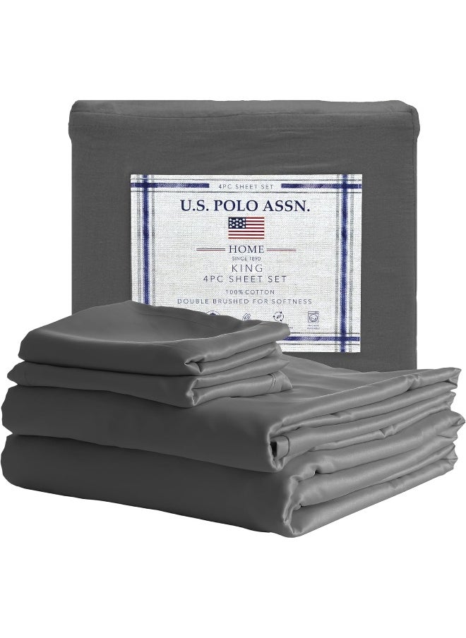 U.S. Polo Assn. 100% Cotton 4PC Sheet Set - 144 Thread Count, Soft & Breathable - Includes Flat Sheet, Fitted Sheet, 2 Pillowcases - King, Steel Grey
