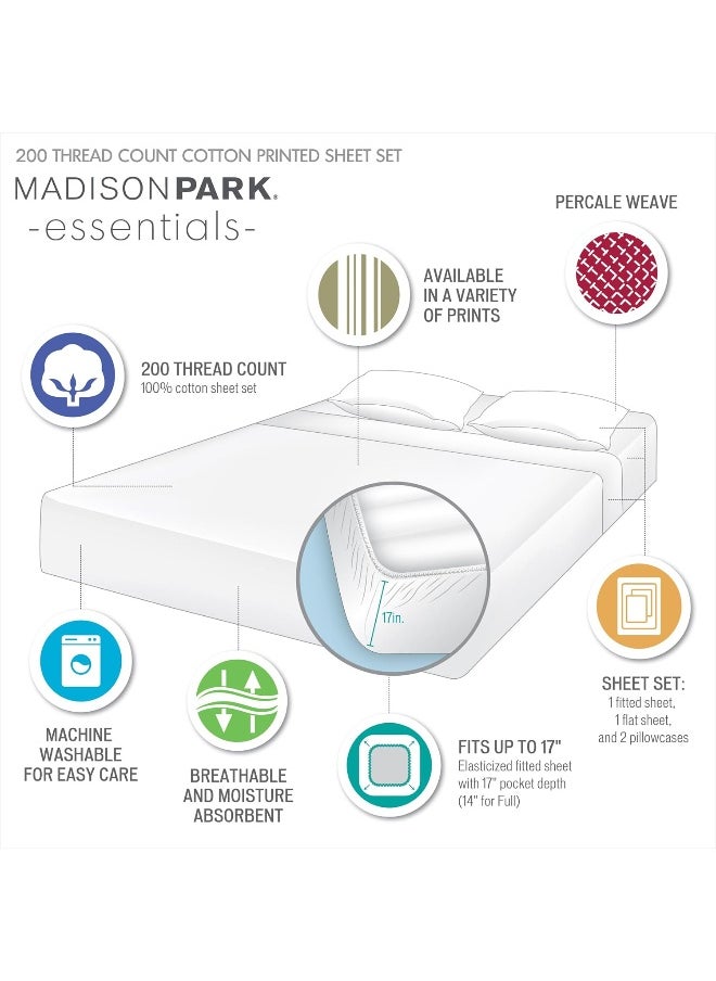 Madison Park Essentials 100% Cotton Sheets, Breathable & Soft Cotton Bed Sheets, Printed Design, Elastic Pocket Cotton Sheet Set Fits Up to 17