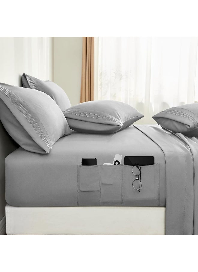 BYSURE 6 Pieces Bed Sheets Set with Pockets on Side(Full, Light Grey), Sweat-Wicking Breathable Sheets, 16-inch Super Soft Hotel Embroidered Microfiber Sheet Set