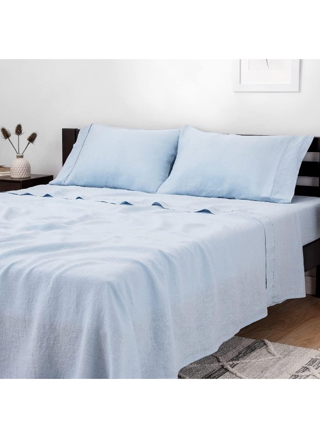 Mellanni 100% Queen Linen Sheets Set - Blue Linen Sheet Set - Includes Queen Deep Pocket Fitted Sheet, Flat Sheet and 2 Pillowcases - Fade, Stain, and Shrink Resistant