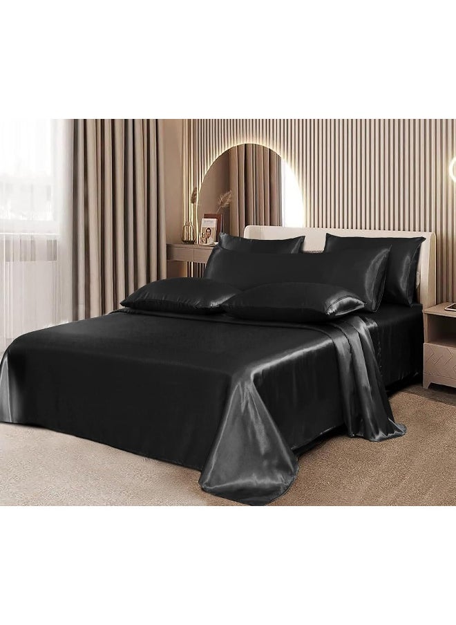 Homiest 7pcs Satin Sheets King Size Bed Set Satin Sheet Set, Black Bed Sheets Luxury Silky Satin Bedding Set