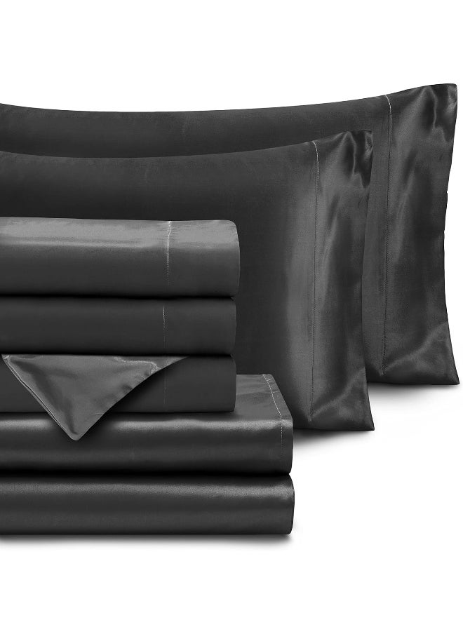 Homiest 7pcs Satin Sheets King Size Bed Set Satin Sheet Set, Black Bed Sheets Luxury Silky Satin Bedding Set
