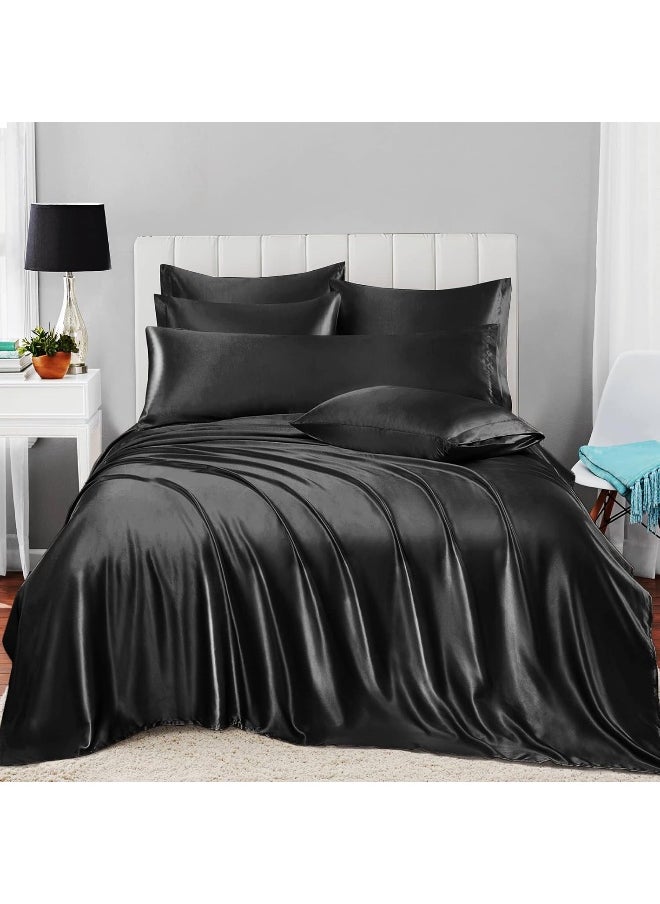 Homiest 7pcs Satin Sheets King Size Bed Set Satin Sheet Set, Black Bed Sheets Luxury Silky Satin Bedding Set