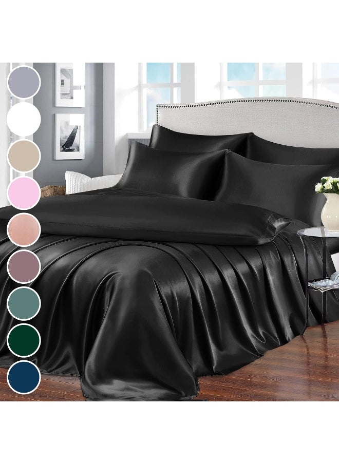Homiest 7pcs Satin Sheets King Size Bed Set Satin Sheet Set, Black Bed Sheets Luxury Silky Satin Bedding Set