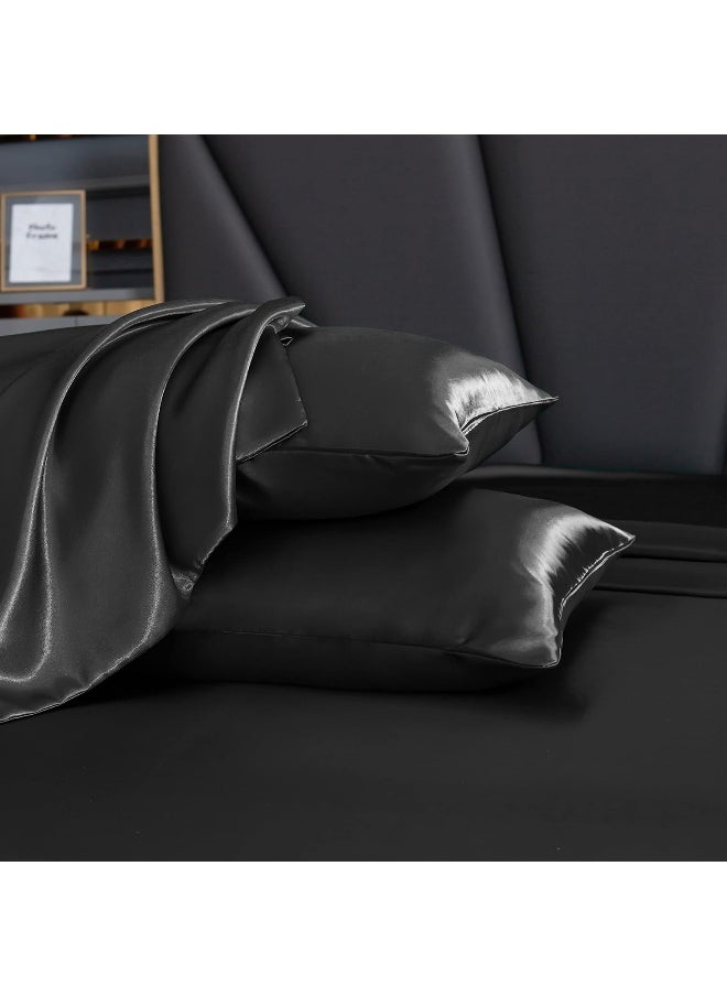 Homiest 7pcs Satin Sheets King Size Bed Set Satin Sheet Set, Black Bed Sheets Luxury Silky Satin Bedding Set