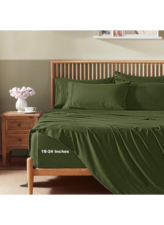 Homiest Extra Deep Pocket King Size Sheets Set, 6 Pieces Soft Olive Green Sheets 18-24 Inch Deep Pocket Bed Sheets, Hotel Luxury 1800 Thread Count Microfiber Bed Set Fits Ultra Deep Mattress