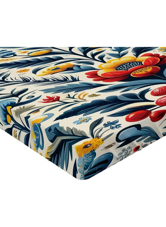Ambesonne Mexican Art Fitted Sheet Set, Blooming Floral Boho Composition with Bluish Leaves Print Spring, Bed Cover with All-Round Elastic Deep Pocket 2 Pcs, Twin Size, Dark Teal Dark Pink Beige