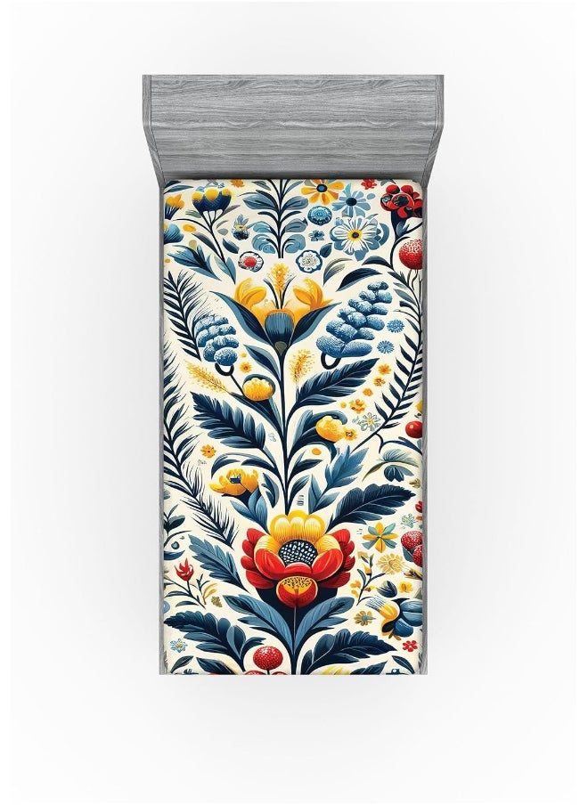 Ambesonne Mexican Art Fitted Sheet Set, Blooming Floral Boho Composition with Bluish Leaves Print Spring, Bed Cover with All-Round Elastic Deep Pocket 2 Pcs, Twin Size, Dark Teal Dark Pink Beige