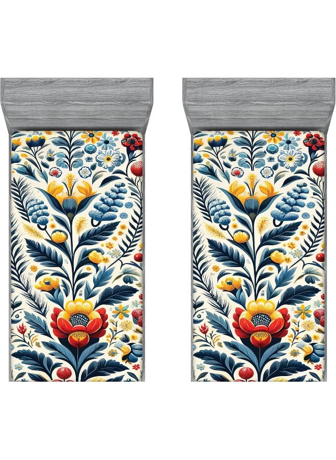 Ambesonne Mexican Art Fitted Sheet Set, Blooming Floral Boho Composition with Bluish Leaves Print Spring, Bed Cover with All-Round Elastic Deep Pocket 2 Pcs, Twin Size, Dark Teal Dark Pink Beige