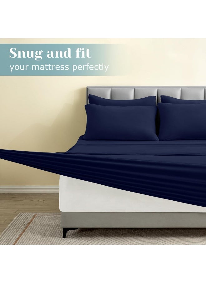 BYSURE 6 Pieces Non-slip Super Soft Bed Sheet Set (King, Navy Blue)