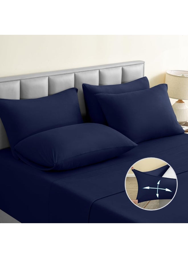 BYSURE 6 Pieces Non-slip Super Soft Bed Sheet Set (King, Navy Blue)