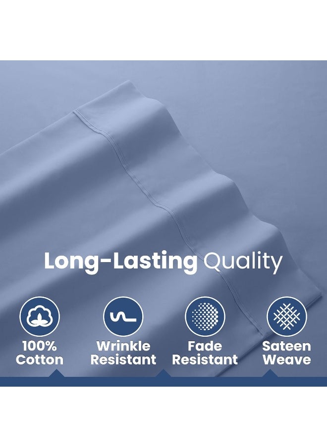 Martex 400 Thread Count Luxury 4 Piece King Sheet Set - 100% Long-Staple Cotton - Sateen Weave - Silky Soft & Durable - Wrinkle & Fade Resistant - Deep Pocket - Blue Sheet Set (King, Blue)