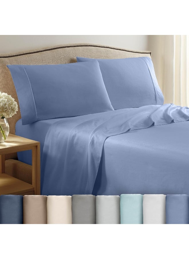 Martex 400 Thread Count Luxury 4 Piece King Sheet Set - 100% Long-Staple Cotton - Sateen Weave - Silky Soft & Durable - Wrinkle & Fade Resistant - Deep Pocket - Blue Sheet Set (King, Blue)
