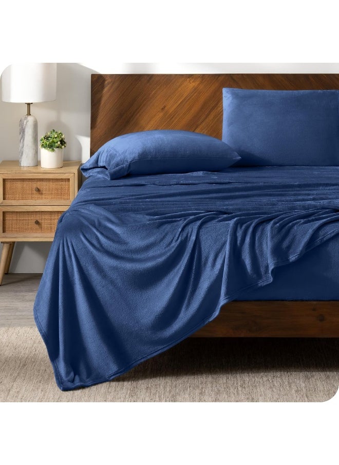Bare Home Microplush Fleece Sheet Set, Deluxe Microplush Non-Pilling Fleece Bed Sheets, Deep Pocket, Extra Soft Velvety Bedding Set, Microplush Fleece Bed Set (Queen, Dark Blue)
