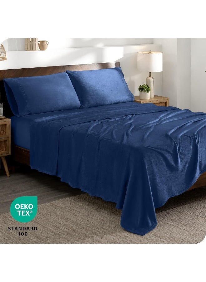 Bare Home Microplush Fleece Sheet Set, Deluxe Microplush Non-Pilling Fleece Bed Sheets, Deep Pocket, Extra Soft Velvety Bedding Set, Microplush Fleece Bed Set (Queen, Dark Blue)