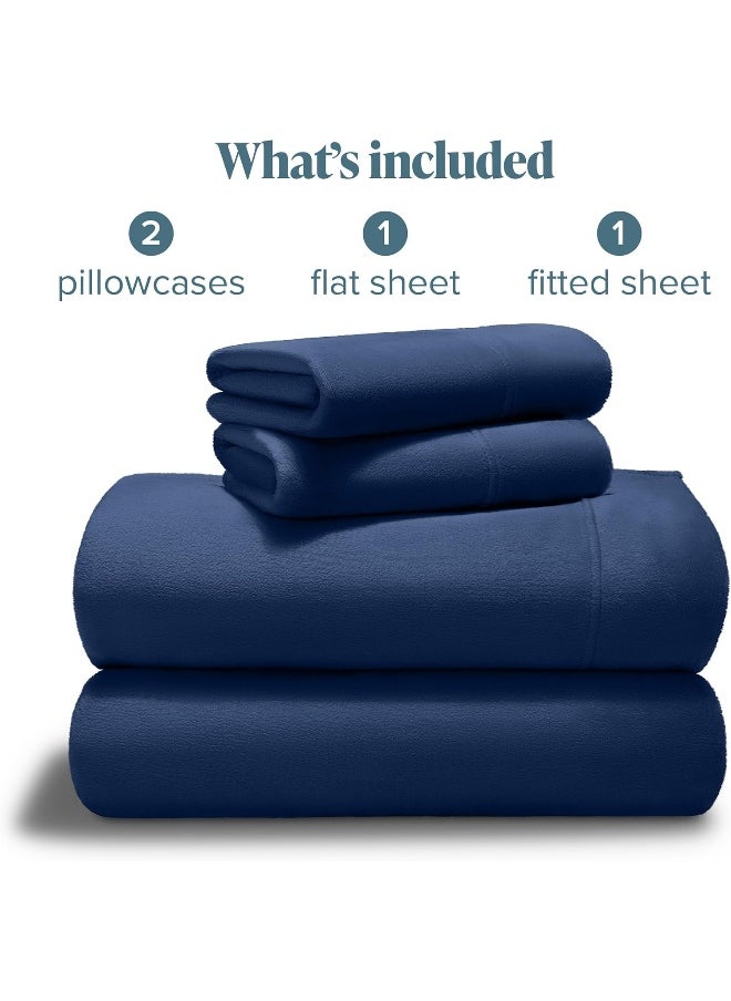 Bare Home Microplush Fleece Sheet Set, Deluxe Microplush Non-Pilling Fleece Bed Sheets, Deep Pocket, Extra Soft Velvety Bedding Set, Microplush Fleece Bed Set (Queen, Dark Blue)