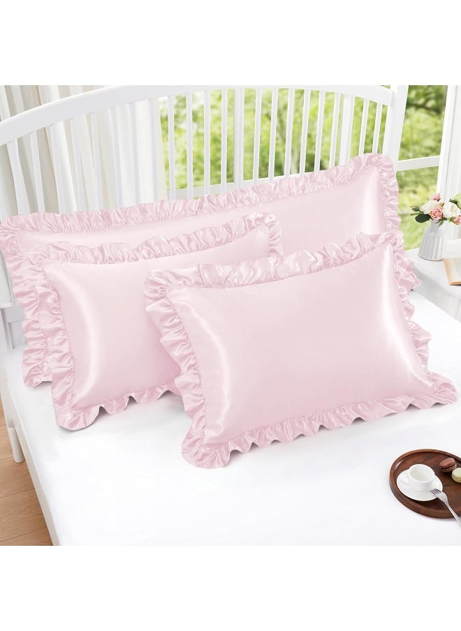 Homiest Ruffle Satin Pillowcase for Hair and Skin, Standard Size Satin Pillow Covers Silky Pillow Cases Set of 2, Satin Ruffled Pillowcase with Envelope Closure, Anti Wrinkle Pillow Shams (Blush Pink)
